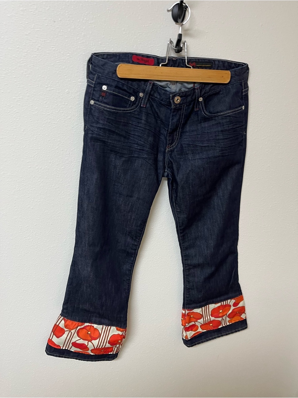 AG Adriano Goldschmied the Angel Dark Blue Jeans with Red Floral Cuffs, 28R